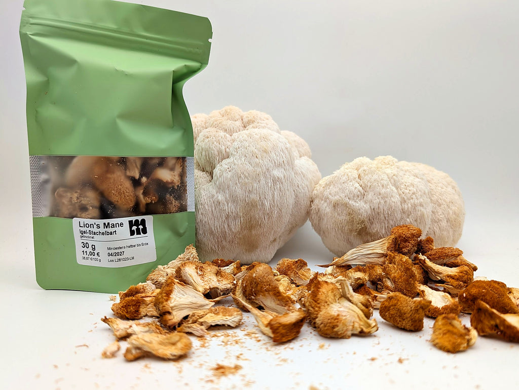 Lion's Mane (Igel-Stachelbart) getrocknet im Beutel, 30 g, mit frischen Pilzen