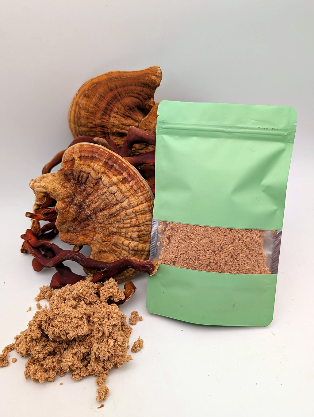 Reishi-Pulver (Ganoderma lucidum) im grünen Beutel, daneben getrocknete Reishi-Pilze