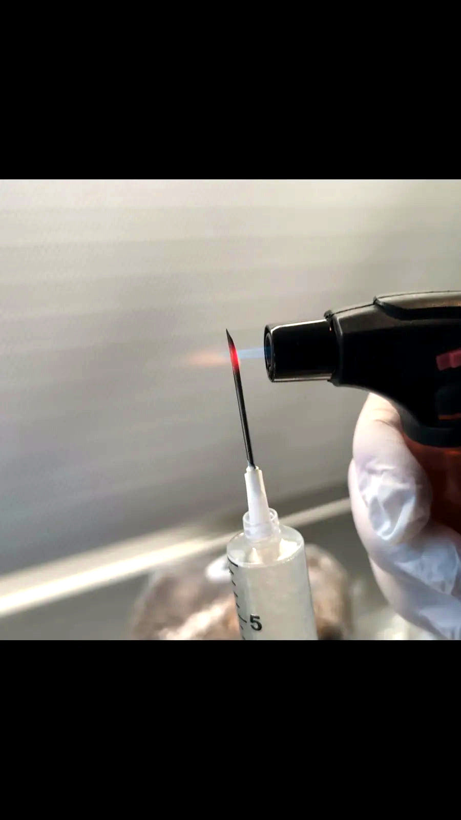 Die Nadel einer Impfspritze wird mit einem Flammbrenner ausgeglüht, behandschuhte Hand